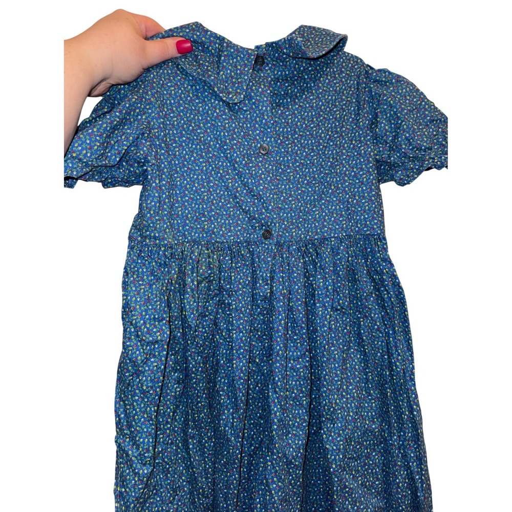 Vintage Girls Blue Micro Floral Puff Sleeve Dress Peter Pan Collar Star Buttons